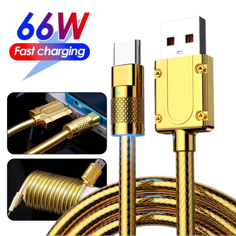 2/1.5/1M Gold Metal Data Cable Type C Micro USB Super Fast Charging Cord for Xiaomi Samsung Oppo Vivo Mobile Phone Quick Charge