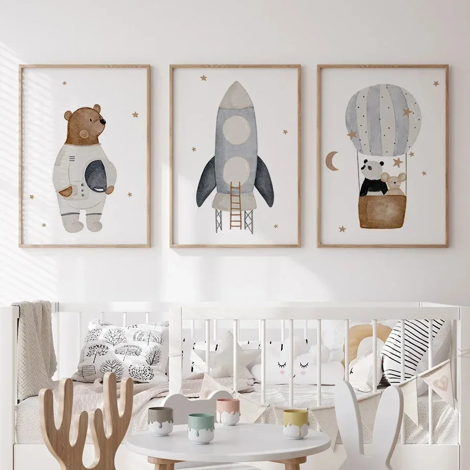 Boho Cartoon Bear Panda Mouse Balloon Plane Posters Art Prints Canvas Painting Wall Pictures For Baby Kids Room Home Decorati