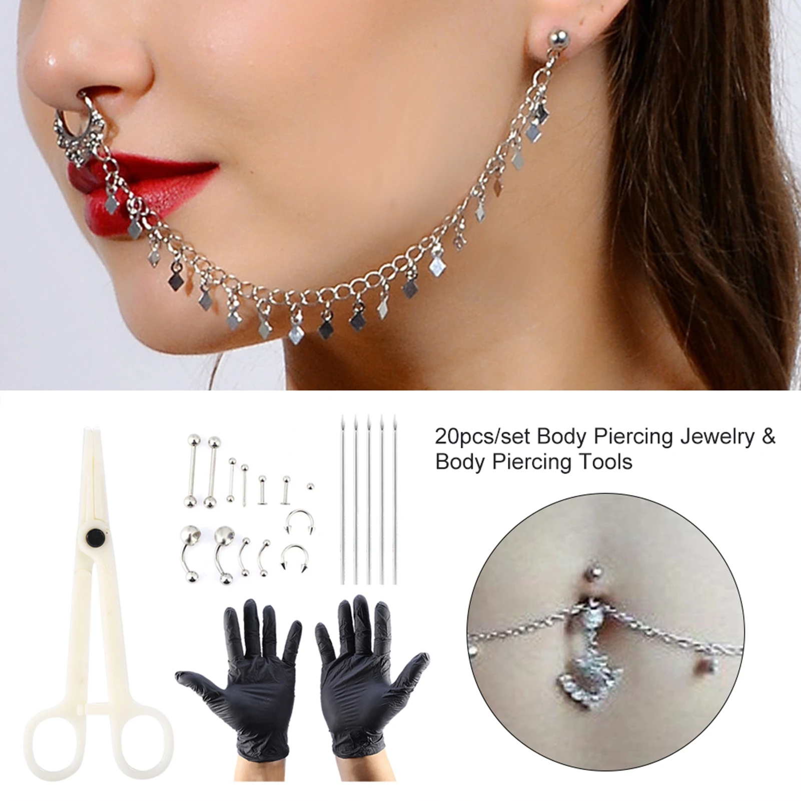 20pcs /set Tongue Nose Belly Button Body Jewelry Piercing Rings Clamp Gloves Needles Tool Kit Body Piercing Ring Kit