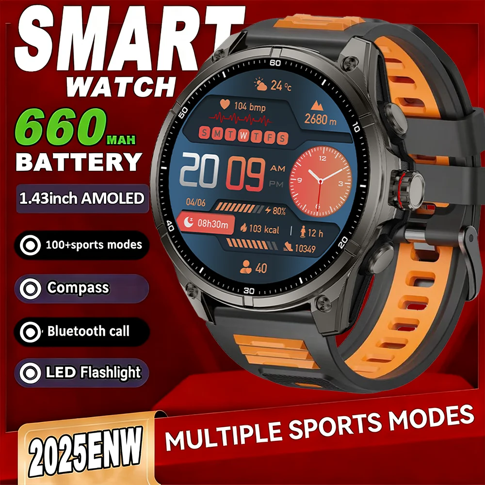 

2025 NEW GPS Smart Watch For Outdoor Sports Smartwatch Compass Altimeter Barometric 10ATM IP69K Waterproof AMOLED Mens Bracelet