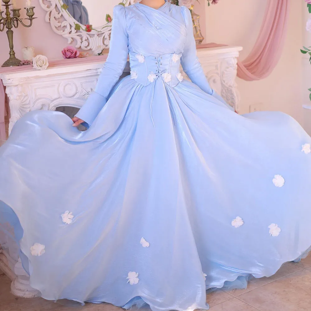 ที่กําหนดเอง A-Line ชุดราตรียาว V คอแขนยาวชุดราตรีแฟชั่นดอกไม้ LACE-Up ง่าย Draped ชุดราตรี