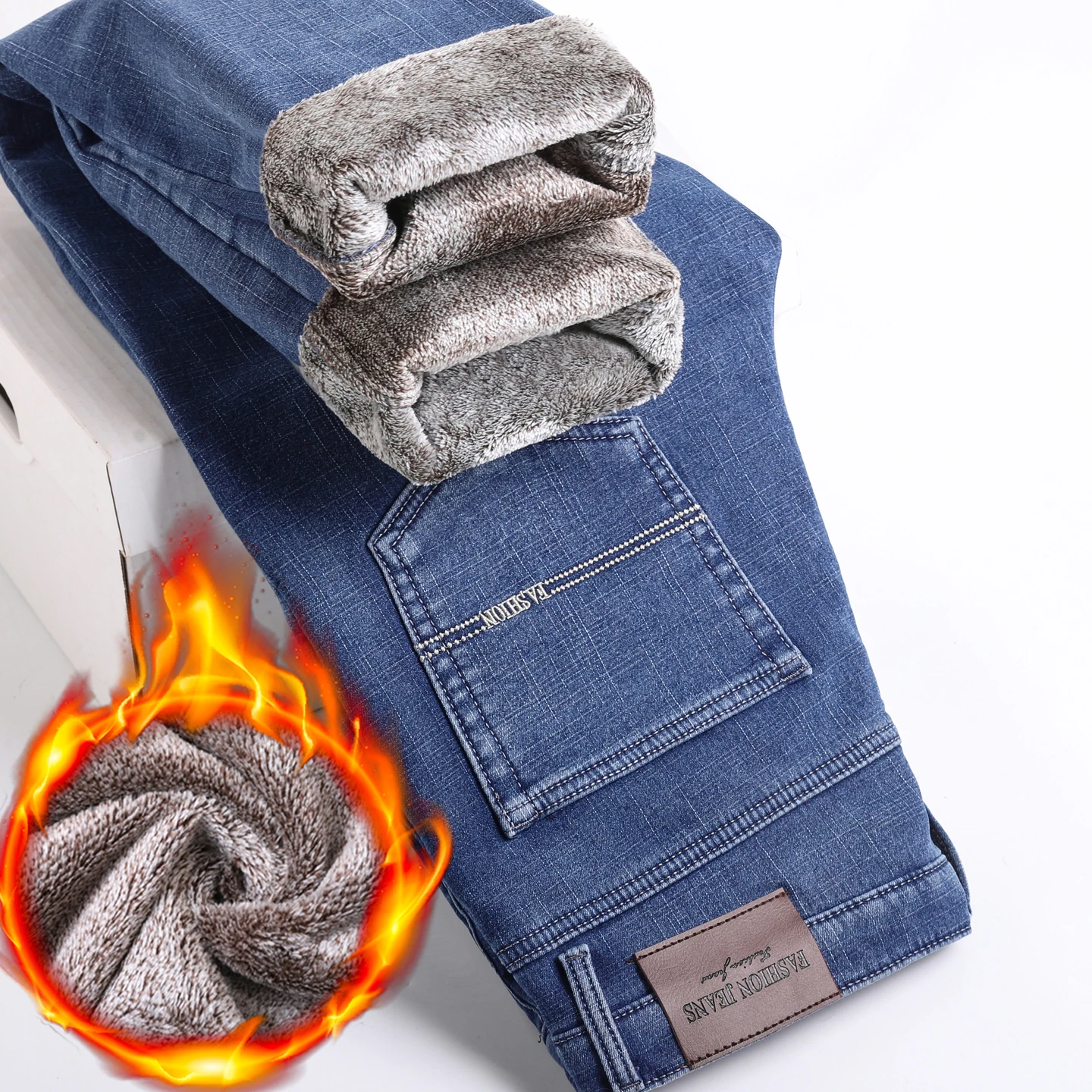 Top Brand Winter Men's Fleece Warm Jeans Fashion Black Blue Straight Leg Thicken Velvet Casual Denim Pants Business Trousers
