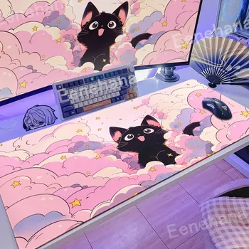 Tapis de souris clavier le chat noir sur les nuages, motifs de style artistique Kawaii, tapis de bureau rose, pour PC Gamer, bureau, Table de maison
