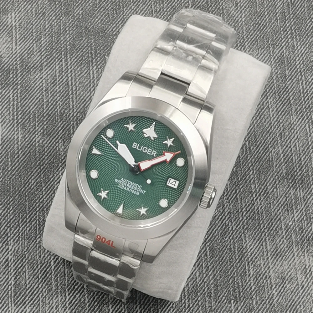 

36mm/39mm BLIGER Luxury Automatic Movement Watch Green Dial Date Calendar Aeroplane Pattern Sapphire Stainless Steel Watch