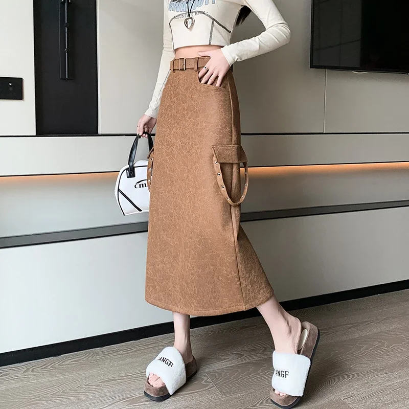 

American Style Hot Girl Streetwear Rivet Suede Print High Waist Split Long Skirt Autumn Winter Women Slim Punk Trend Skirts 8301