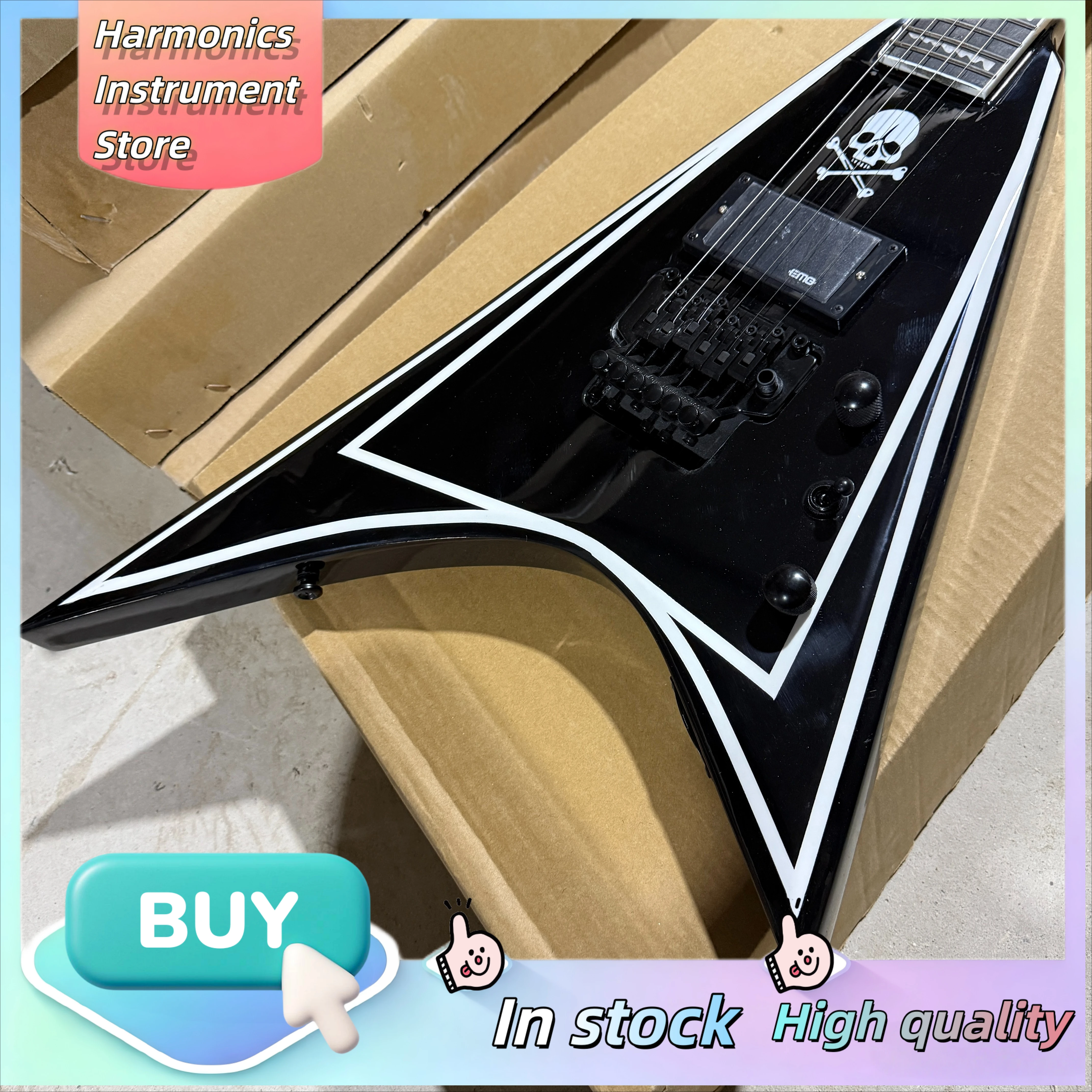 V-2 Style Electric Guitar Black Skull Humbucker Large Double Tremolo Thrash Metal Collector Musical Instrument