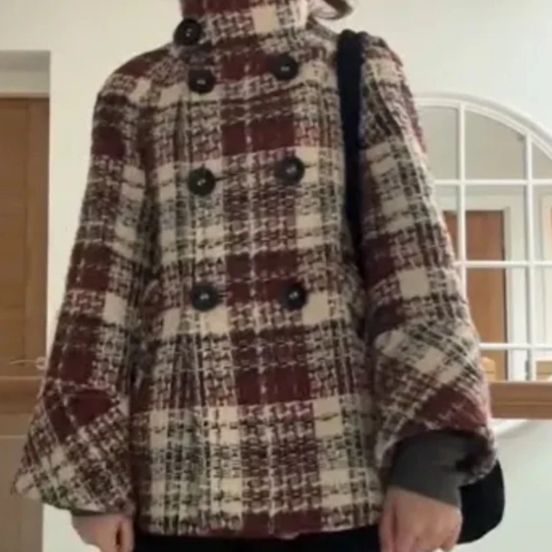 Warm Checkered Turtleneck Shoulder Straight Coat Women Double Breasted Full Sleeve Middle Long Coat Lady Autumn Winter Chic Coat