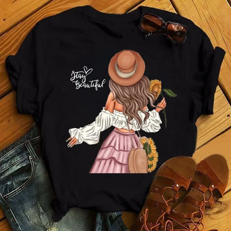 Fun Girl Printed Pattern Round Neck Short Sleeve T-shirt Women on Round Neck European  American  Tops Tees