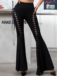 New Trend Fashion Corns With Bell Bottoms Black Tight Pants Europe And America Sexy Slim Bell Bottoms Front Lace-up Pants