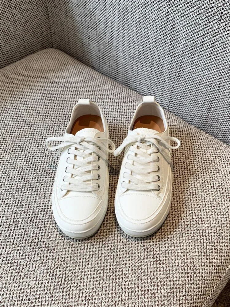 Fashion Women Comfortable Lace-Up Genuine Leather Pumps Thick Soled Casual Shoes Hot Sale Round Toe Ladies Skateboard Footwear
