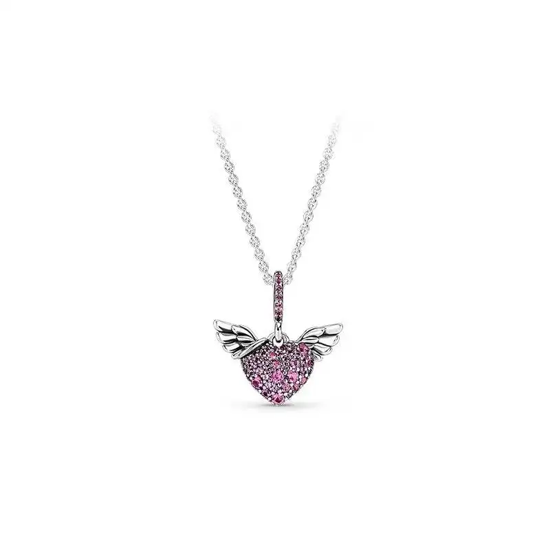 pan S925 Sterling Silver Necklace New Year's bright hand-painted love inlaid angel wing Love Necklace Set