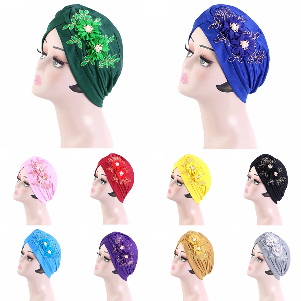 

Appliques Flower Turban Bonnet for Women Muslim Scarf Hijab Chemo Cap Pleated Beanie Headwrap Hair Accessories Headscarf Hat New