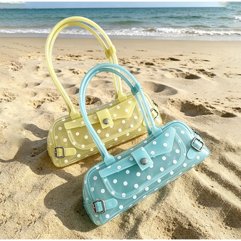 Summer Macaron Polka Dot Frosted PVC Jelly Bag Flip Snap Pocket Design Long Handle Mini Underarm Shoulder Bag For Beach Travel