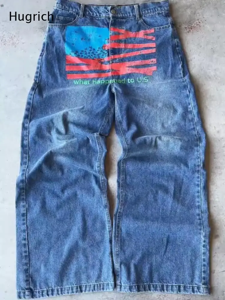 Vintage Wash Wide Leg Jeans Front English Letter Print High Waist Loose Denim Trousers Streetwear Bottoms