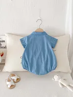 Korean-style summer baby solid color lapel shirt jumpsuit, male baby handsome bow tie single-breasted jumpsuit, very suitable fo 2