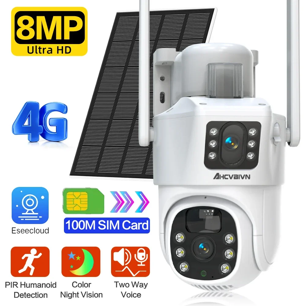 Free Gift 4G SIM Card Solar PTZ Security Cameras Wireless Outdoor 4K Video Surveillance Color Night Vision Auto Human Tracking