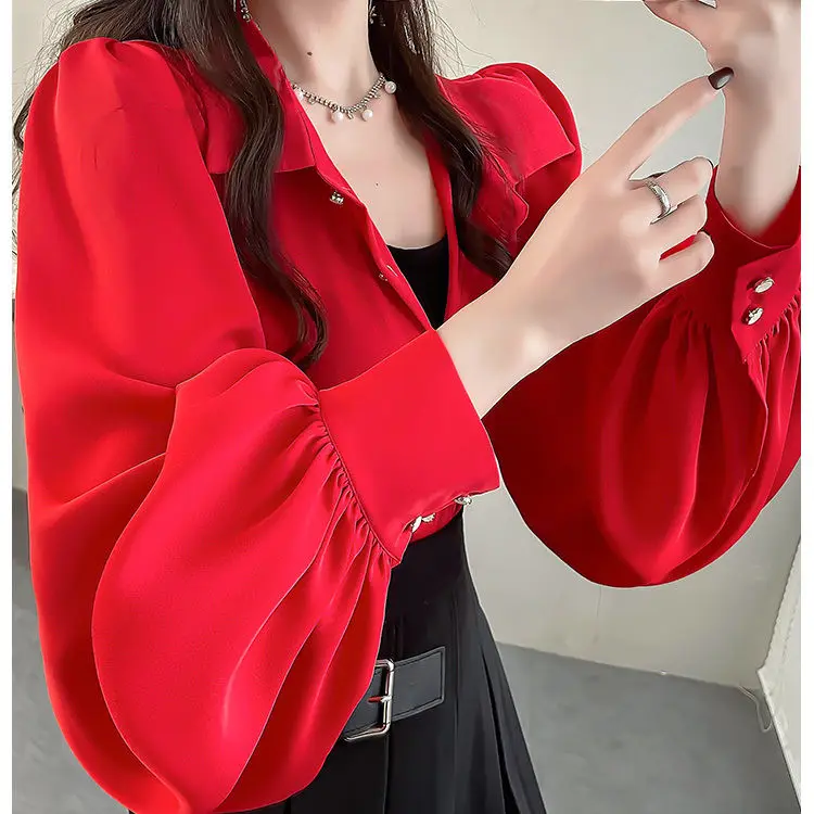 เสื้อลายดอกไม้สีทึบ Elegant Lantern Sleeve ผู้หญิง Top Plus ขนาดเสื้อแขนยาว