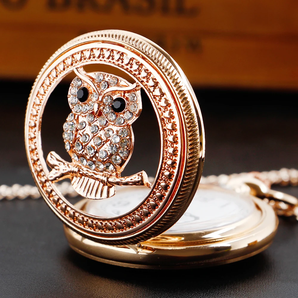 Charming Diamond-encrusted Luxury Owl Hollow Quartz Pocket Watch Necklace Sweater Pendant  Handicraft Artwork Chain Clock