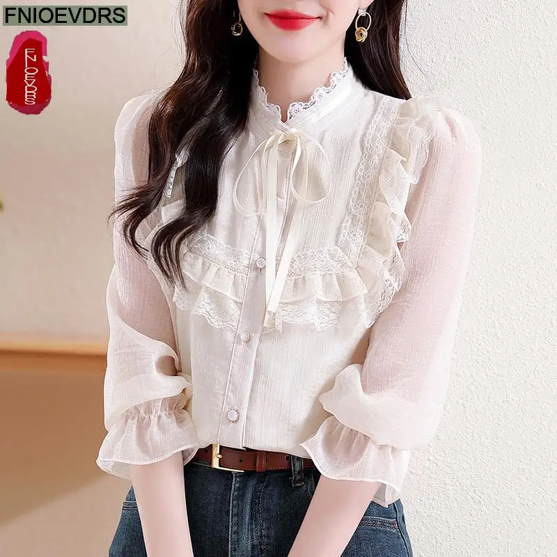 S-2XL 2024 Spring Summer Bow Tie Ribbon Lace-Up Tops Women Basic Wear Office Lady Work Long Sleeve Elegant Button Shirts Blouses