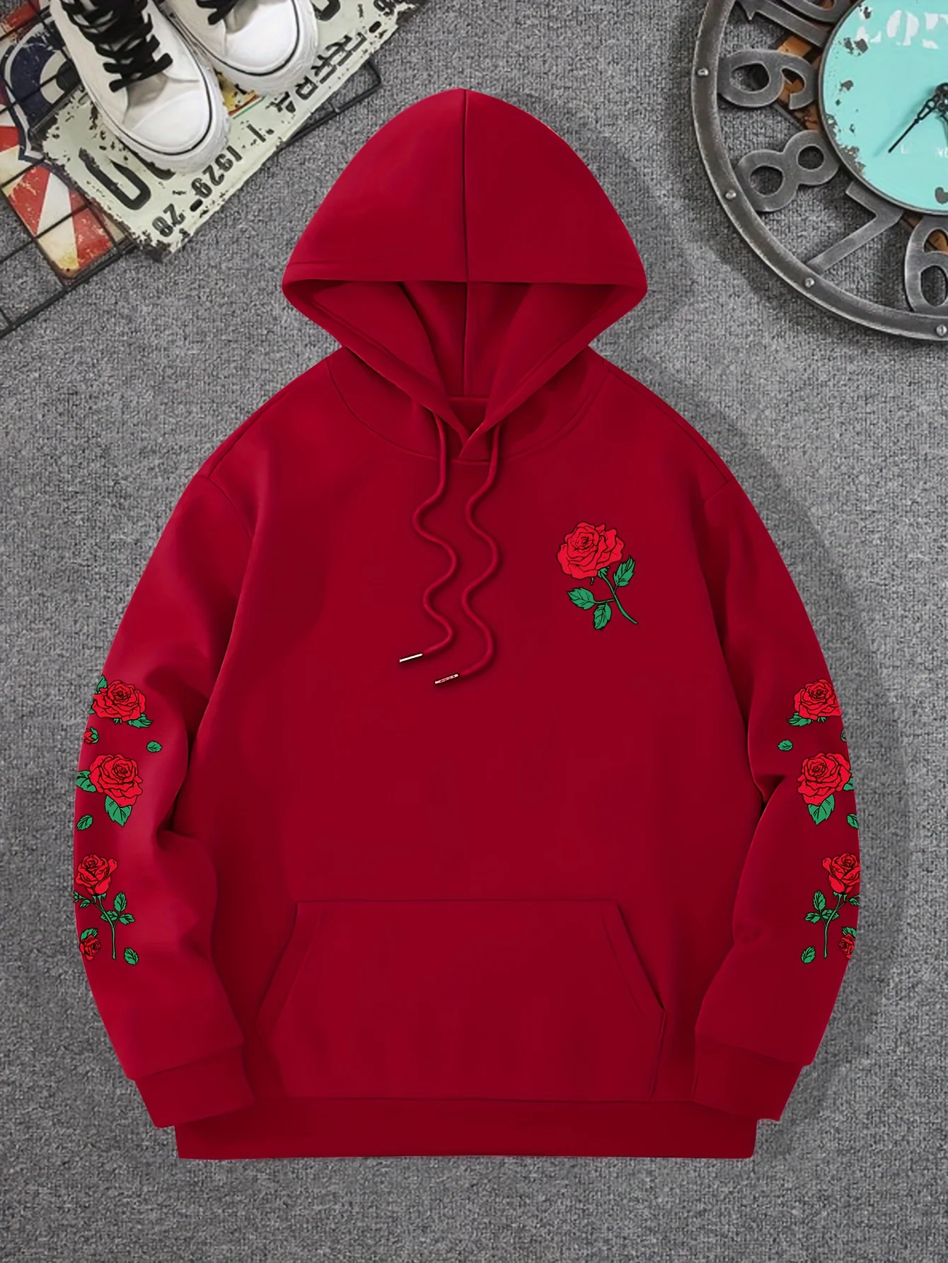 Red Rose Printed Hoodies Casual Street Women Sweatshirts Comfortable Fleece Soft Pullover Crewneck Loose Female Tops Clothes