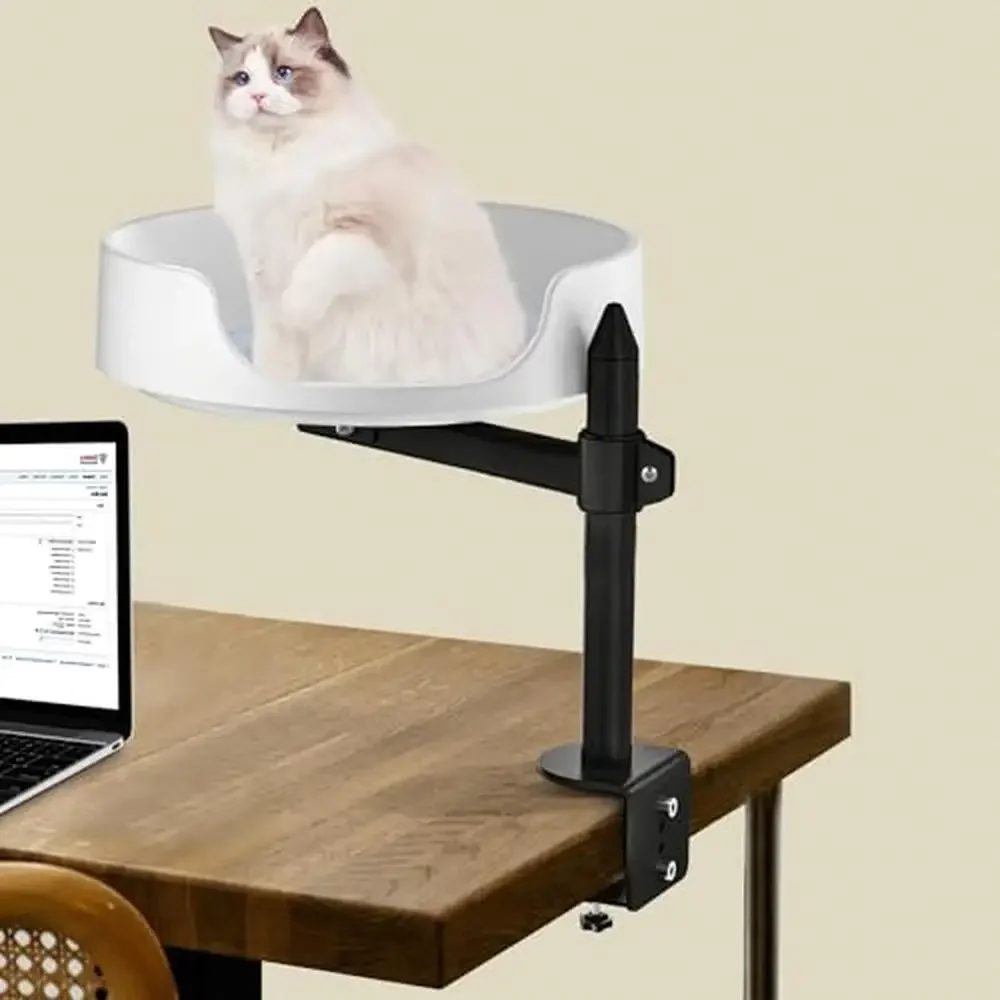 

Cat Elevated Desk Clamp Bed with Adjustable Height and Washable Mat Indoor Outdoor Use Holds up to 25 lbs 360° Rotation Easy