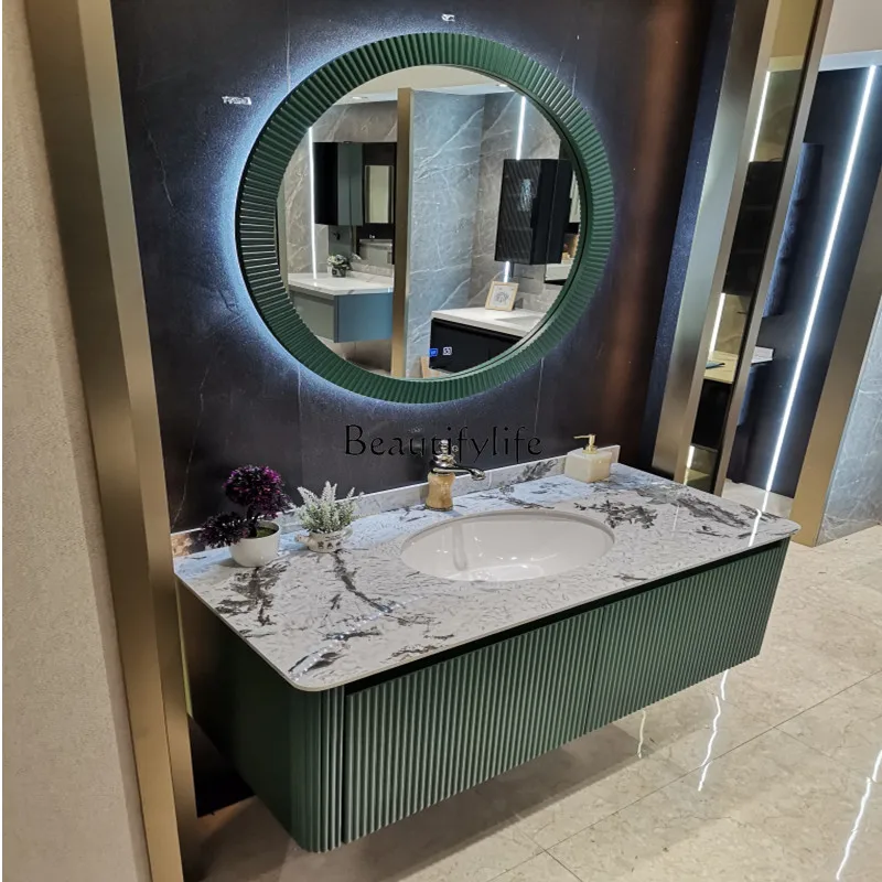 

Custom French bathroom cabinet combination oak light luxury simple seamless splicing rock slab integrated basin