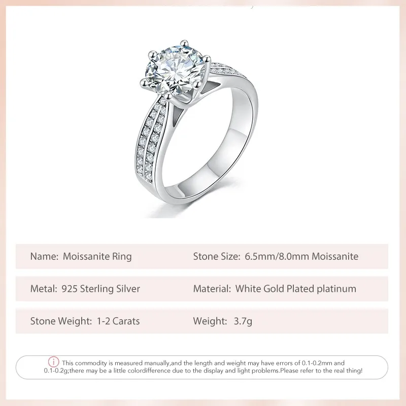 Follow Cloud 1CT-2CT Real Moissanite Diamond Six Prong Engagement Ring for Women 925 Sterling Silver Fine Jewelry Wedding Gift