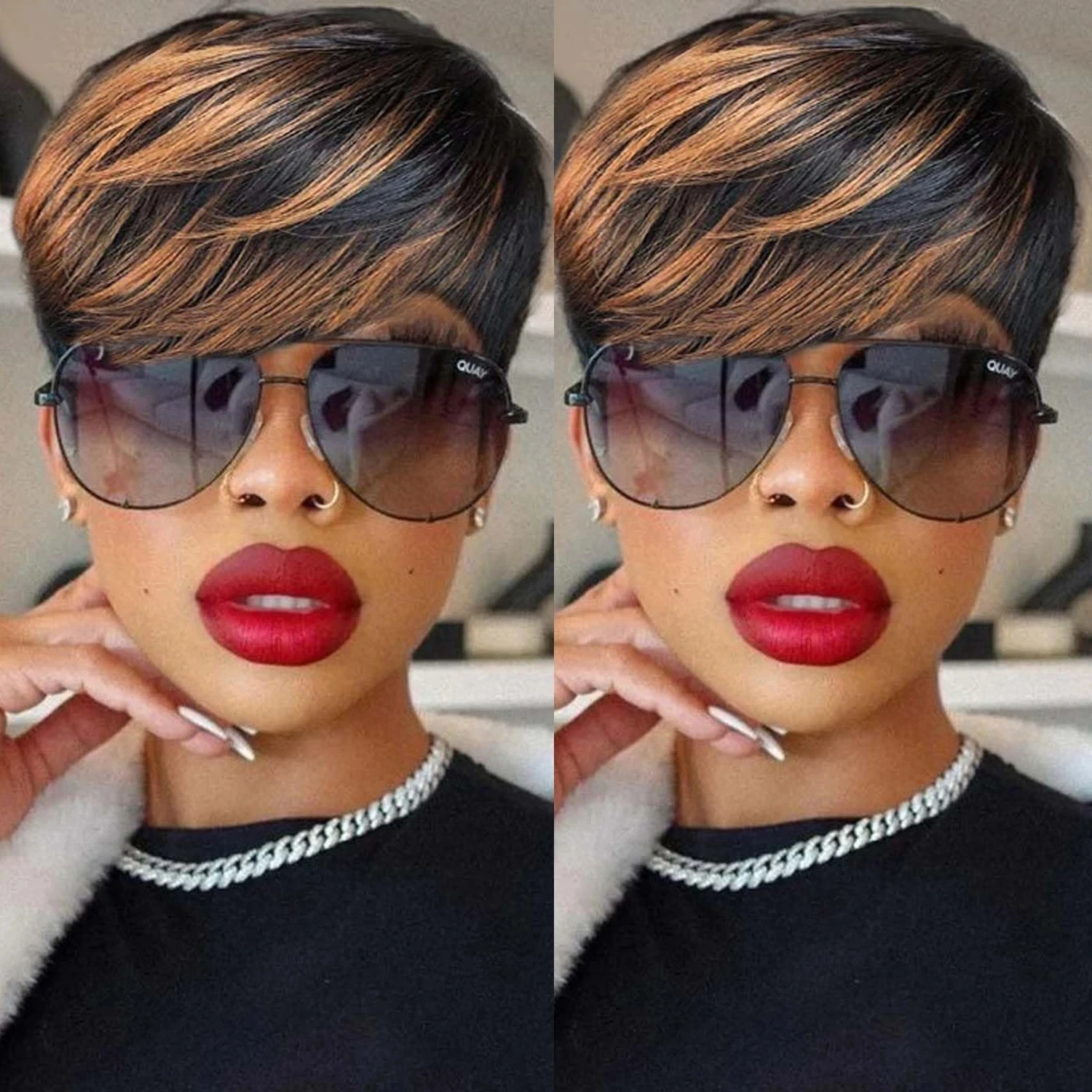 6inch 1b30/1b27/Black Color 250% Density Remy Hair Party Use Short Straight Pixie Cut Machine Made Human Hair Wigs For Women - Image 2
