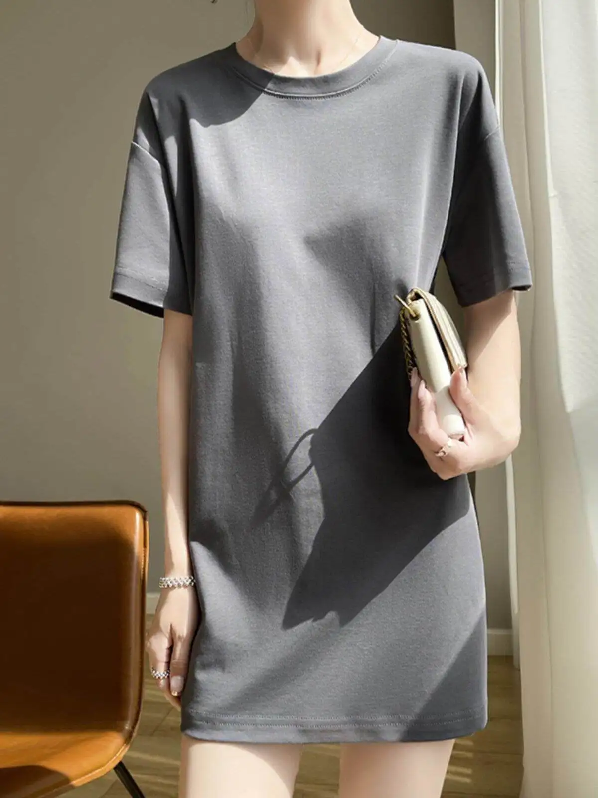 Loose Fit Pure Cotton round Neck Short Sleeve Women's T-shirt Mid-Length Cover Butt Summer Top T-shirt Dress Casual Wear