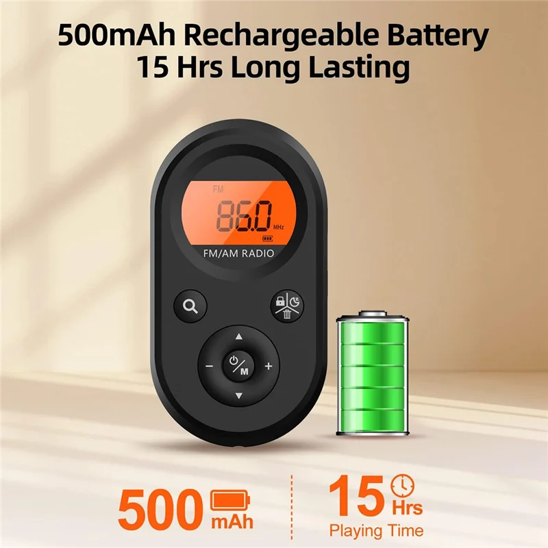 AF93-Persönliches Taschenradio AM/FM wiederaufladbares Walkman-Radio mit langer Akkulaufzeit, Stereo-Kopfhörer, Schlaftimer