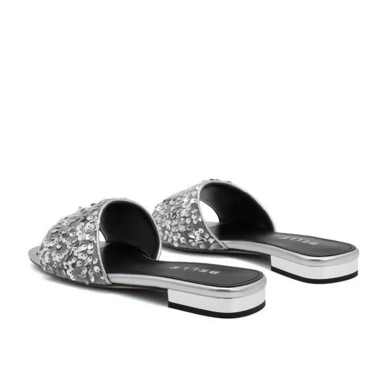 Sequin Slippers Women Shoes Summer Square Heel Comfortable Walking Shoes for Women Sandals Square Toe Open Toe Women's Slippers