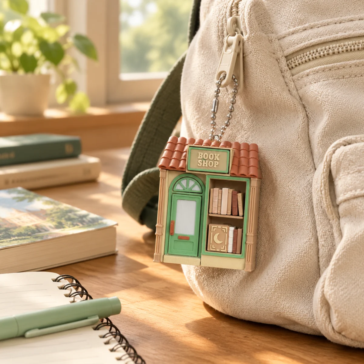 1Pcs Cute Vintage Mini Bookstore Shape 3D Printed PLA Fidget Clicker Keychain,Bead Chain Bag Charm Pendant