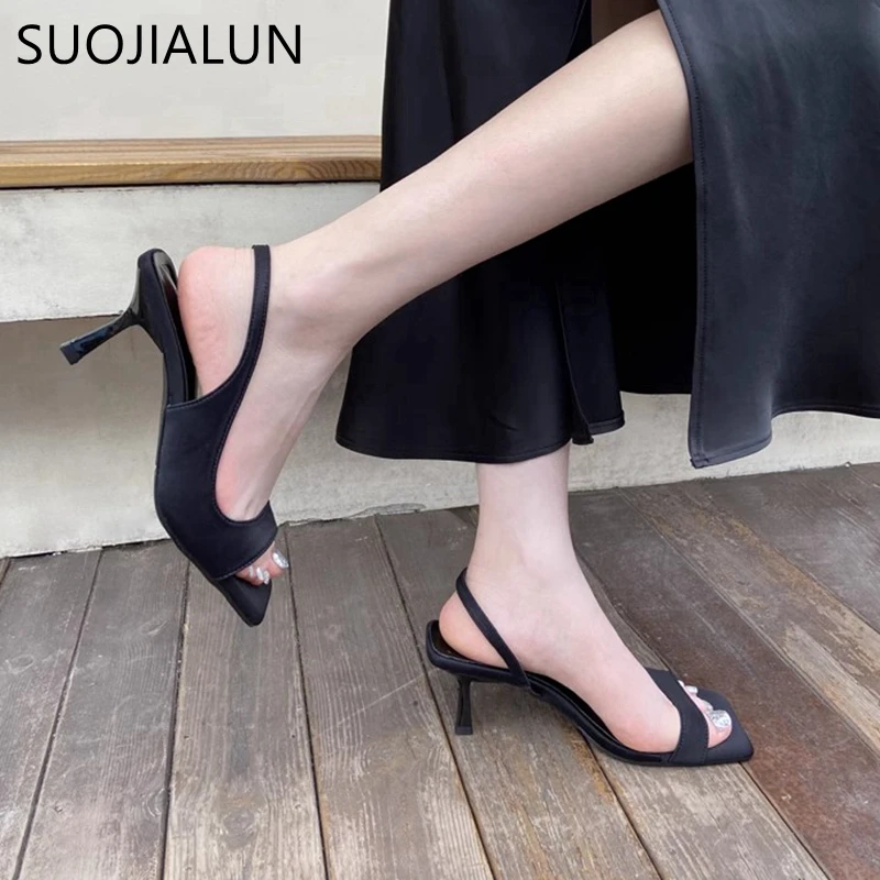 SUOJIALUN 2024 Summer New Brand Women Sandal Fashion Square Toe Shallow Ladies Elegant Slides Thin High Heel Outdoor Dress Pumps