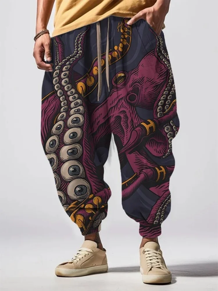 

Men's Pants Vintage Autumn 2025 Oversized Long Trousers Man Cthulhu Octopus Print Loose Drawstring Waist Holiday Sweatpants