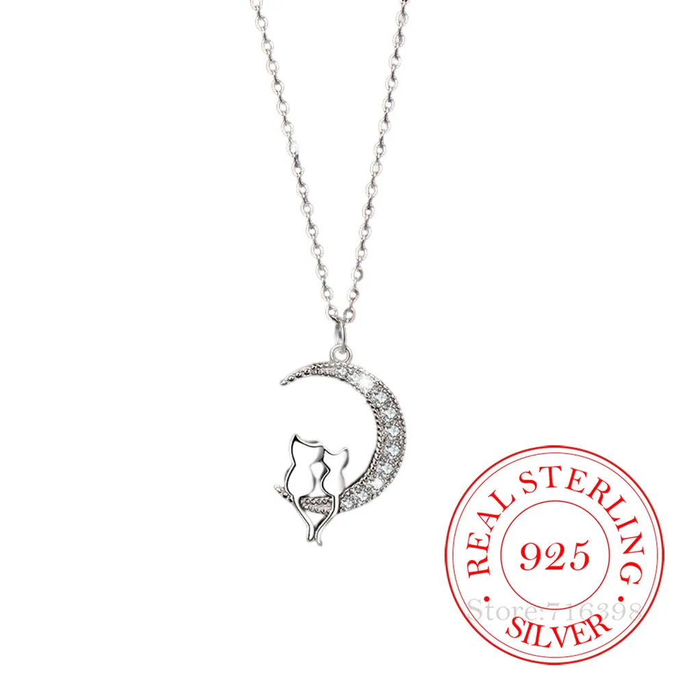 Original 925 Sterling Silver Crystal Moon Cat Pendant Necklaces For Women Silver 925 Female Chokers Jewelry Collares Para Mujer