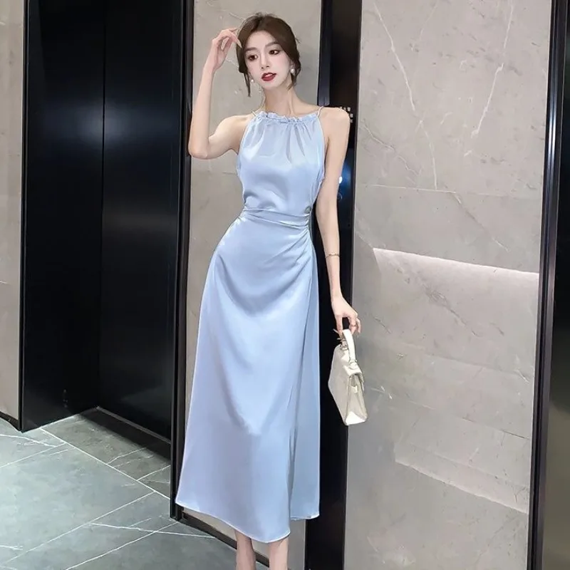 2024 Spicy Girl Sexy Waist Hanging Neck Dress Summer New Satin Style Shrinking Waist and Slimming French Long Dress