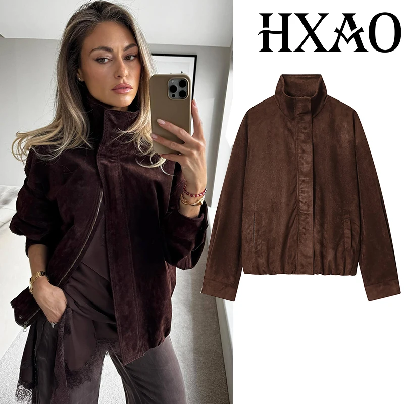 

HXAO Women's Faux Suede Jacket Demi-Season Oversize Bomber Jackets For Women Zip Up Long Sleeve Brown Jacket New Outerwear