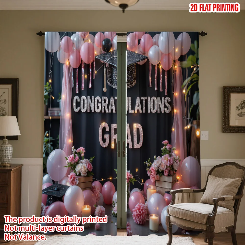 

2D flat printing 2pcs Curtains Graduation Celebration(2) Digital Printed Polyester Drapes Festive Holiday Perfect for Holiday