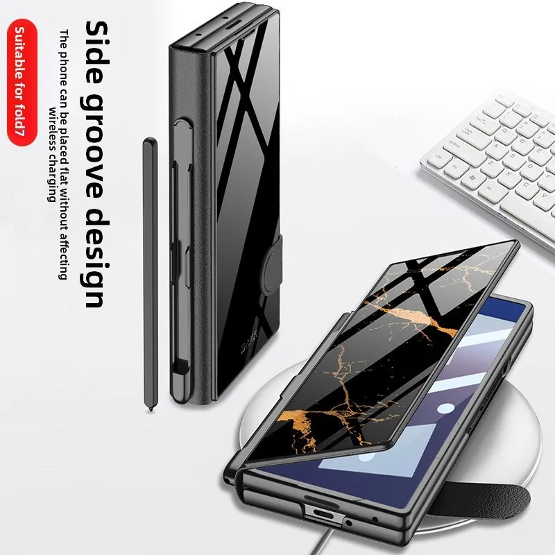 

For Samsung Z Fold7 phone case clamshell glass case pen slot leather case