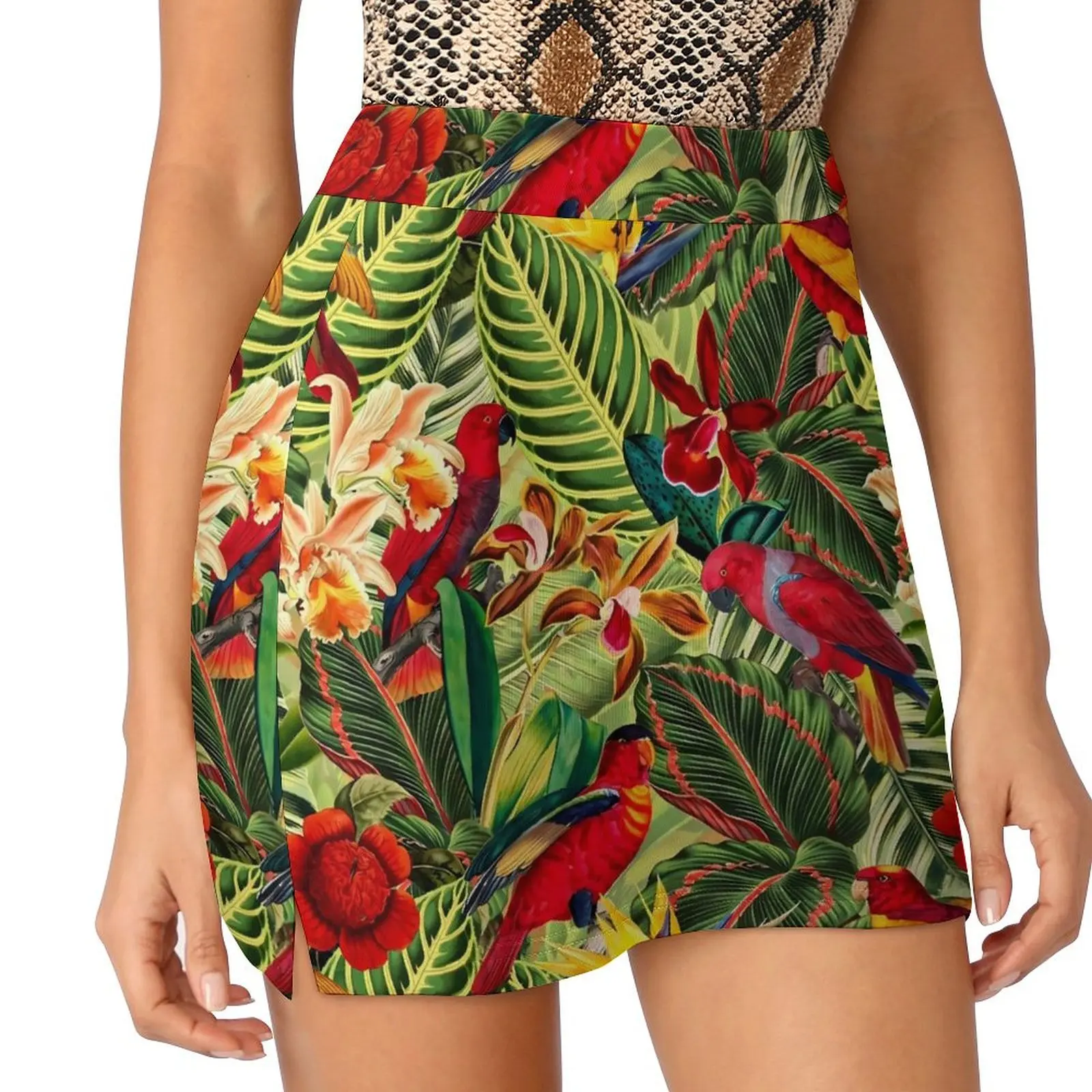 Tropical Birds Flower Skirt Leaves Print Cute Mini Skirts Summer High-waisted Graphic Harajuku Casual Skirt Big Size 3XL 4XL