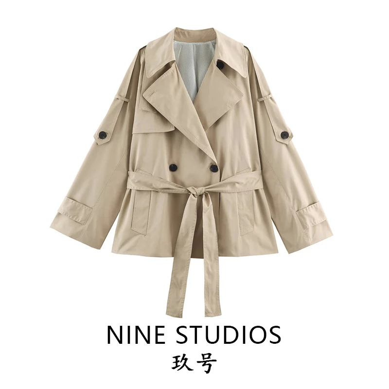 NINE ZAR Women's Short Coat Jacket with Belt Flip Collar Double Button Front Casual Outerwear Top 0518240