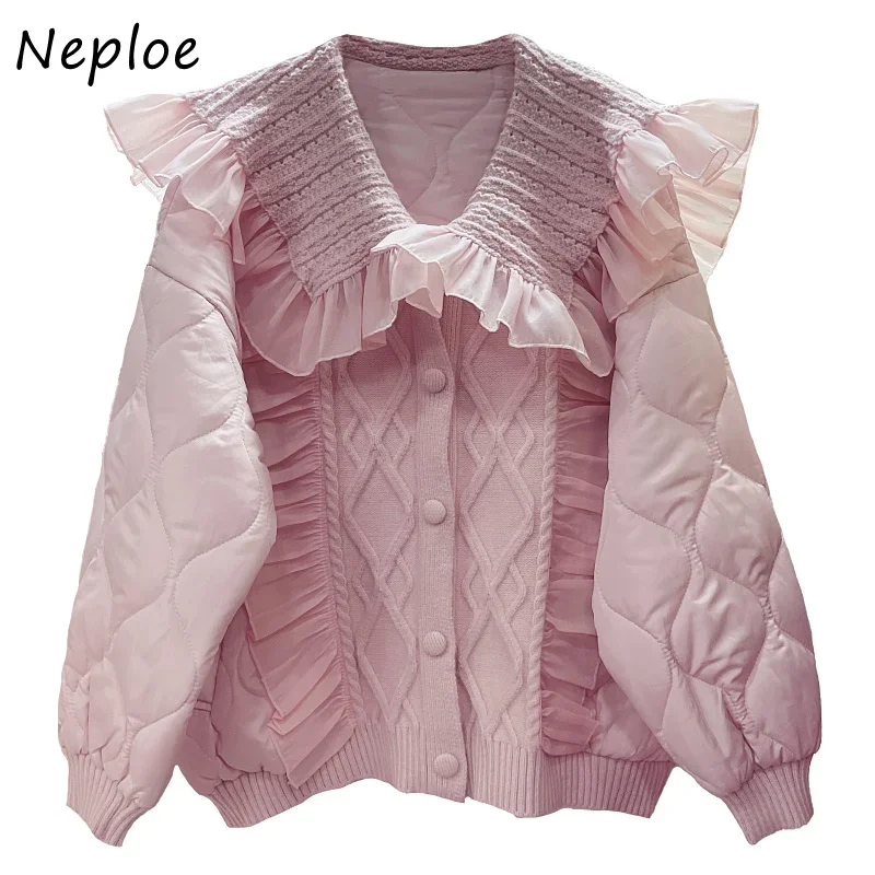 Neploe 2024 Jaqueta Feminina Coats Peter Pan Collar Solid Color Long Sleeve Parkas Knit Patchwork Single-breasted Puffer Jacket