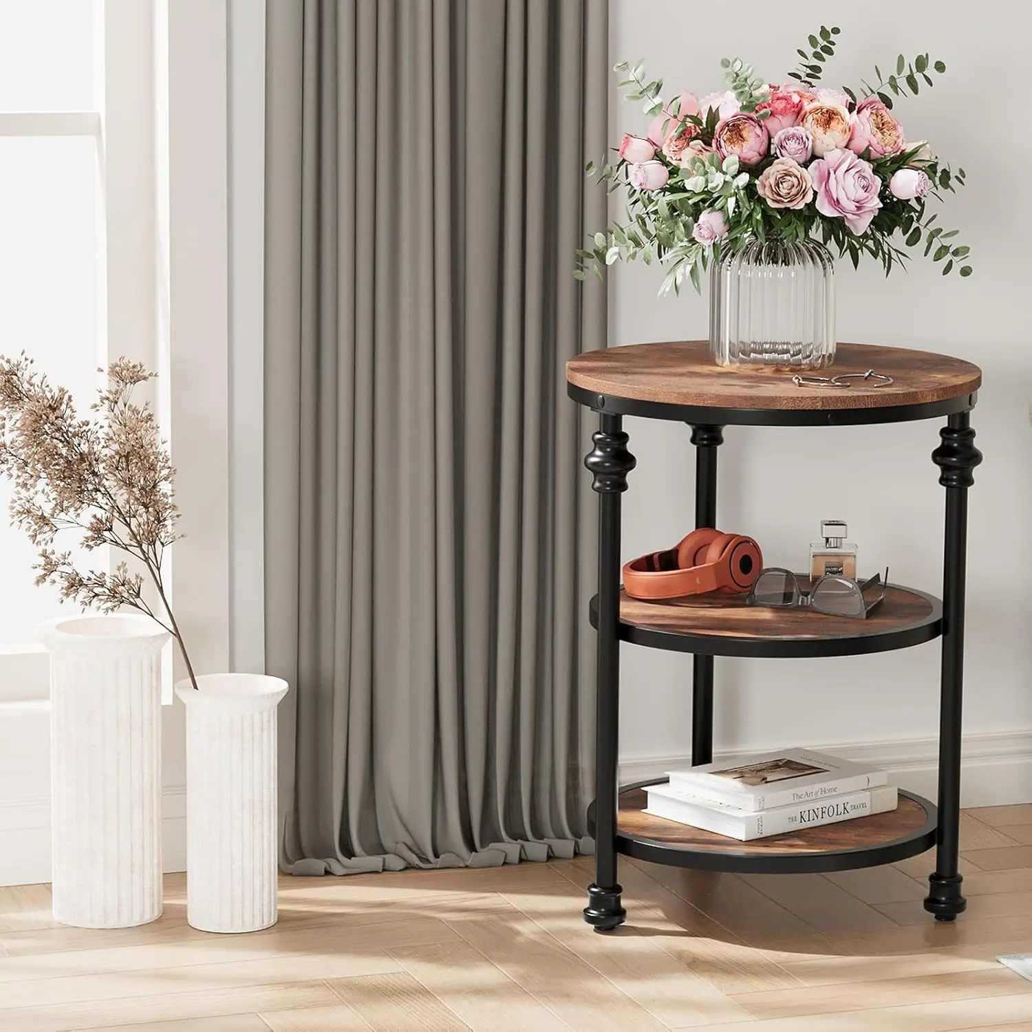 

Round Side Table, 3-Tier End Table Living Room Accent Table with Storage Shelf Bed Night Stand for Bedroom Small Spaces