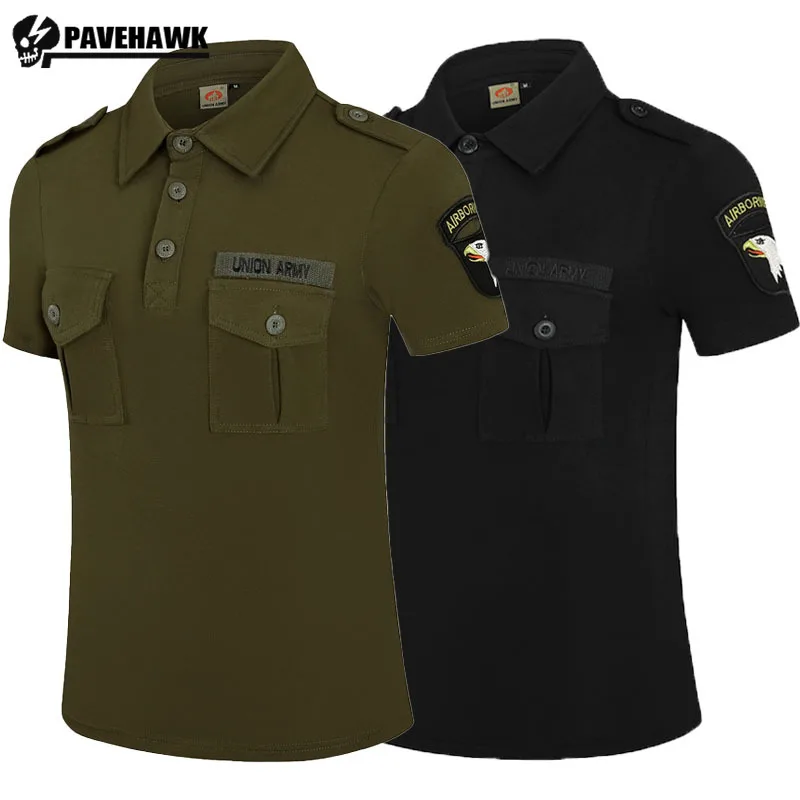 Mens Cargo T-Shirts Elasticity Double Pockets Cotton Short Sleeve Tactical Tops Breathable Embroidery Pilot POLO Shirts Thin