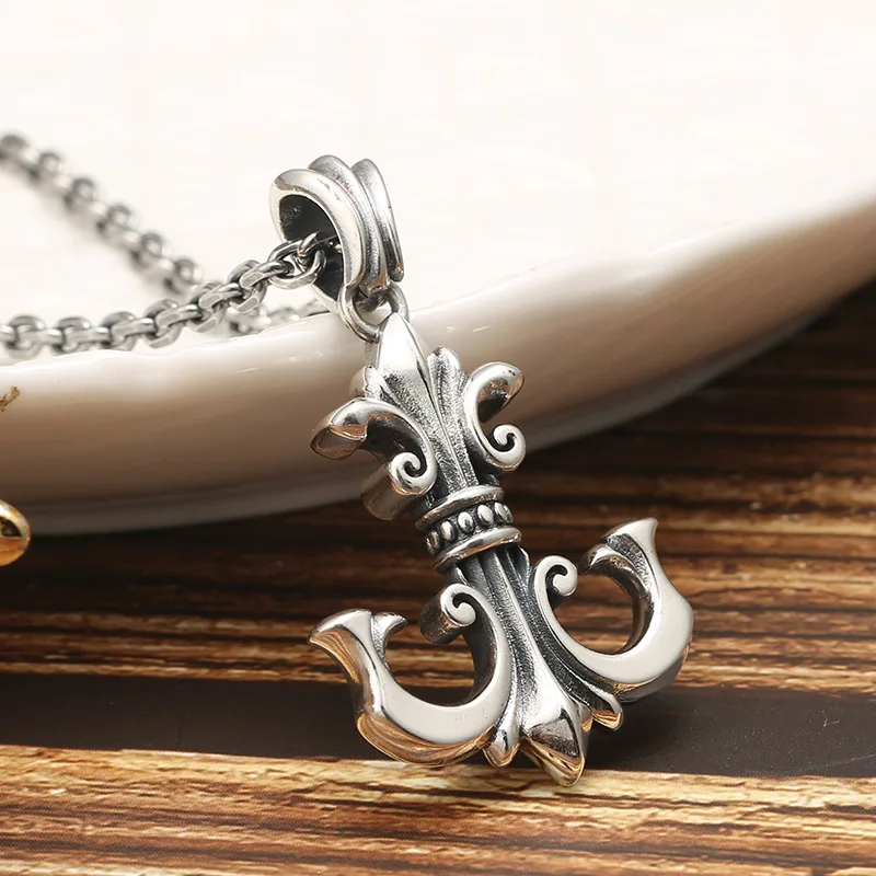 

S925 pure silver boat anchor pendant, Thai silver punk style sweater chain pendant, men's trendy silver jewelry necklace