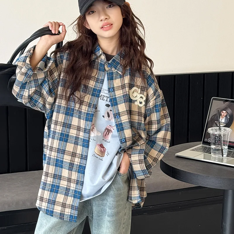 

Autumn Kids Girls T-shirt Korean Letter Printed Plaid Versatile Teenager Girls Top Turn Down Collar Long Sleeves 4-14Y Girls Tee