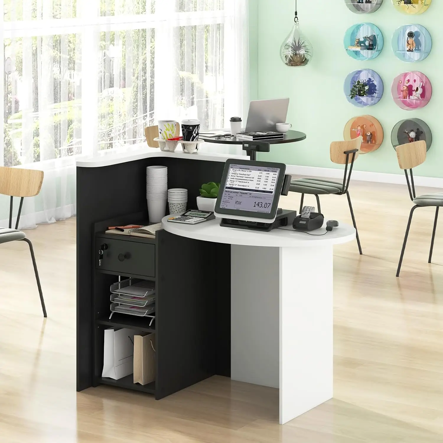 Reception Desk, Front Desk with Open Shelves, Lockable Drawer, Round Tabletop, Checkout Counter, Retail Counter, Computer Workst