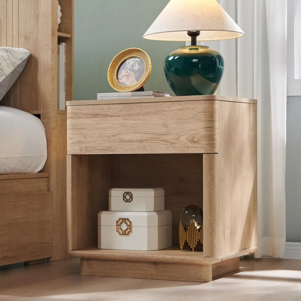 

Modern Nightstand with Charger Station, 22" Wide Night Stand with Storage Drawer & Open Shelf, Large Bedside Table