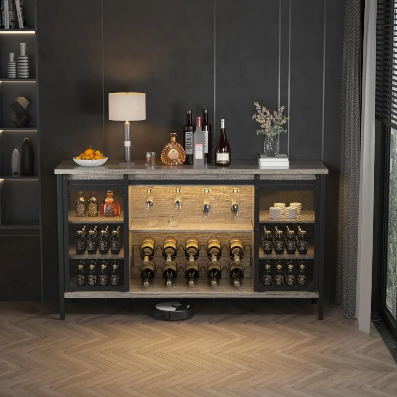 QNICE-Armoire de bar à vin industrielle en métal avec porte de grange market, armoire de bar française ou de ferme, 55 po