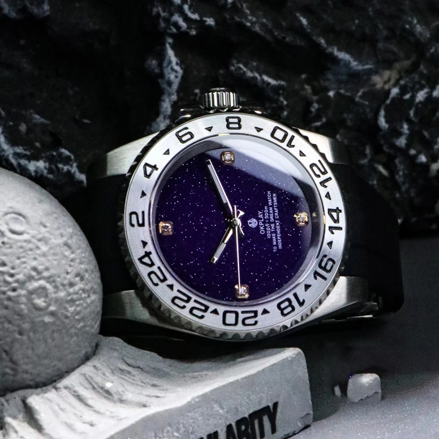 OKPLAY Men Automatic Watch 40mm Customized Modified Mechanical Wristwatch 10ATM Waterproof Luminous NH35 Fluororubber Strap